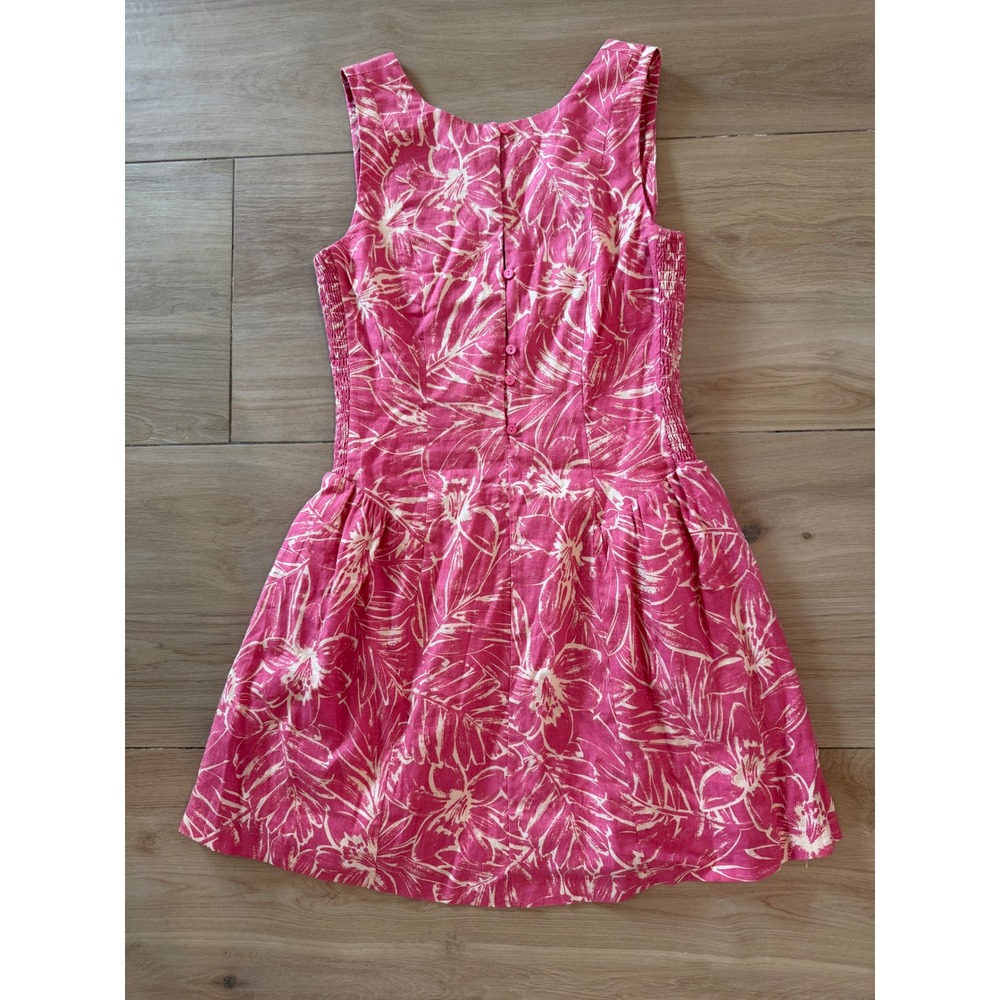 Olivaceous Pink Tropical Floral Linen Blend Smocked Fit & Flare Mini Dress M
